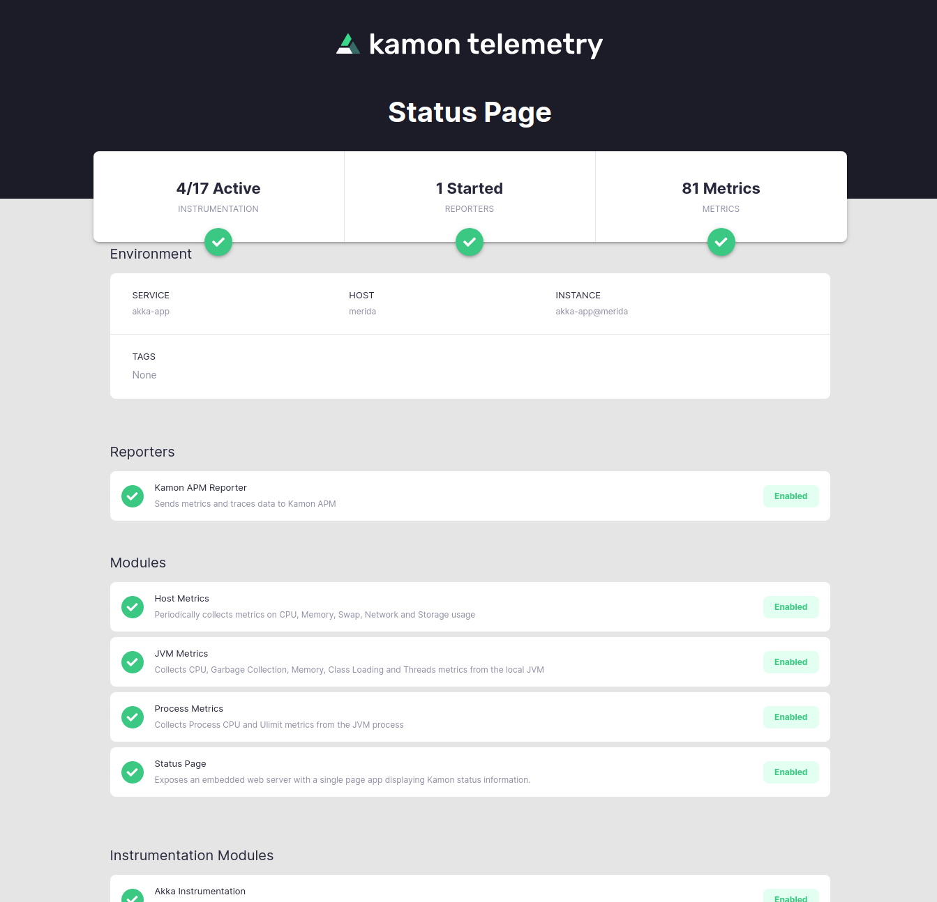 Kamon Status Page