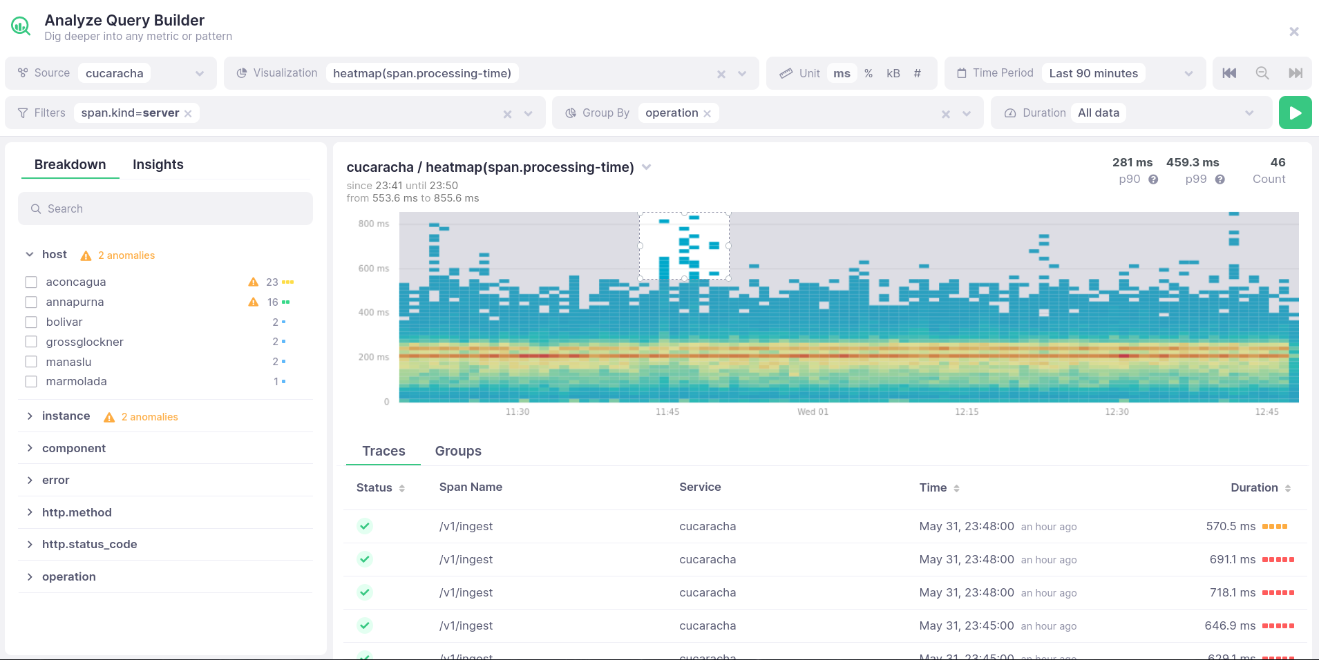 Filter metrics and traces with Analyze in Kamon APM